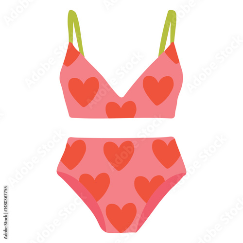 Cute pink bikini with red heart print and green straps, perfect for summer and beach fun.