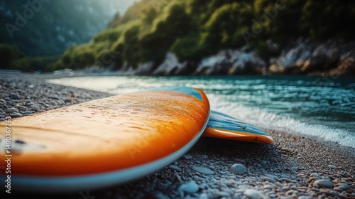 Two vibrant surfboards resting on a pebbly beach by a serene river, capturing the essence of summer adventure.