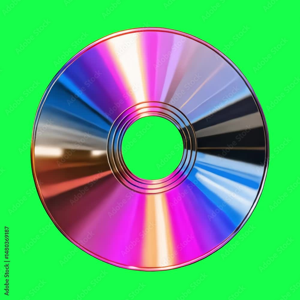Colorful reflective compact disc animation, transparent 4K video, green screen