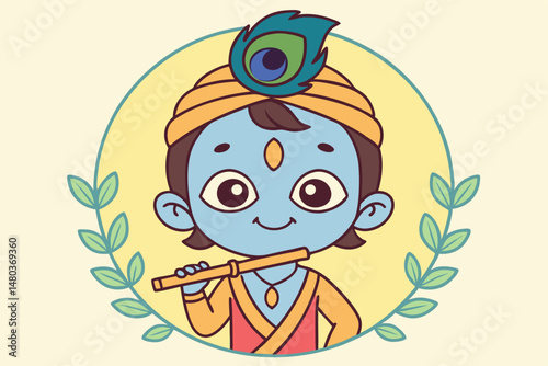 Flute and peacock feather illustration related to Krishna for Indian religious festivities