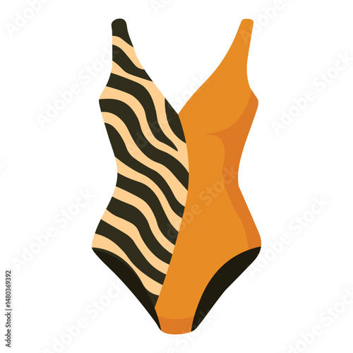 Bold asymmetrical one-piece swimsuit with zebra stripes and orange block, wild and stylish.