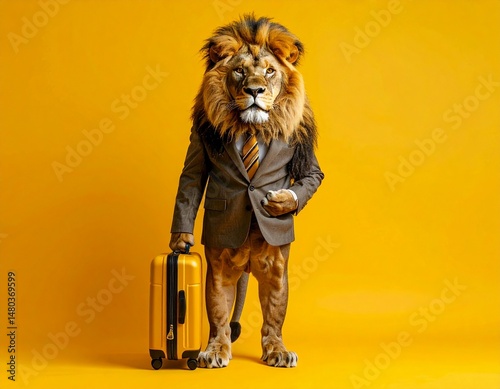 A very realistic photo of a lion standing upright like a human, wearing an elegant tie and holding a sleek suitcase, posing against a bright solid yellow background.