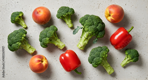 Fresh Produce Arrangement With Broccoli Peaches and Red Bell Peppers On Flat Surface