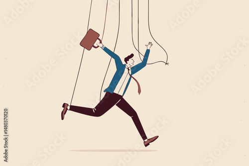 Freedom for work and decision making, authority to work independently, stop micromanagement, or people manipulation concept, businessman marionette, puppeteer use scissors to cut controlled strings.