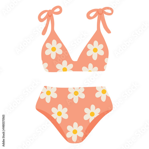 Cute peach bikini with white daisy flowers and bow ties, perfect for beach or vacation looks.