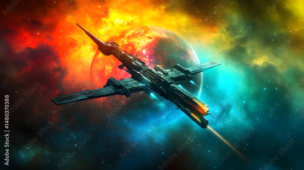 Fototapeta premium A futuristic spaceship soaring through a vibrant cosmic landscape, with a distant planet and colorful nebula in the background