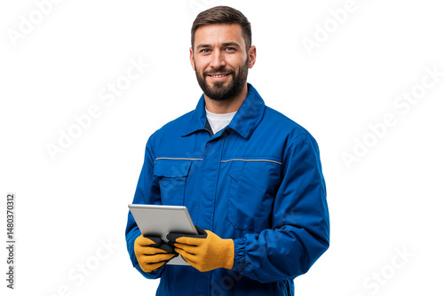 Smiling Industrial worker in blue uniform and yellow gloves holding a tablet, ready for work, isolated on white or transparent background