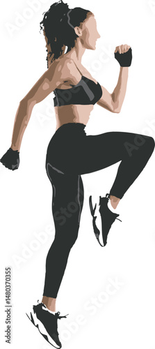 Fit woman doing high knees exercise. Retro style
