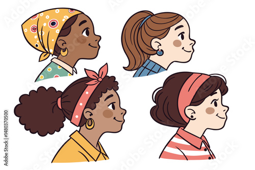 Empowerment in Diversity: A vibrant cartoon illustration of diverse women wearing headscarves, symbolizing unity, strength, and solidarity. Emphasizing the power of representation.