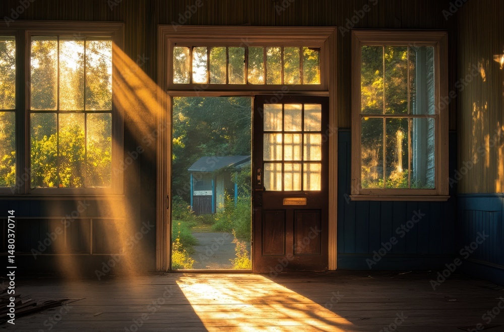 Fototapeta premium Vintage schoolhouse left behind, sunbeams