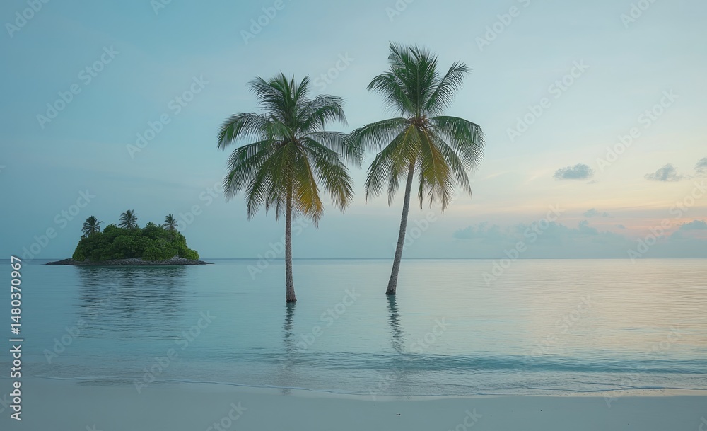 Serene island sunrise. Two palm trees stand guard over a tranquil island at dawn