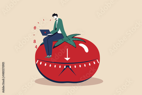 Pomodoro technique to increase work productivity, set timer to focus work and break or rest concept, smart businessman focus on working with laptop computer sitting on Pomodoro tomato timer stopwatch.