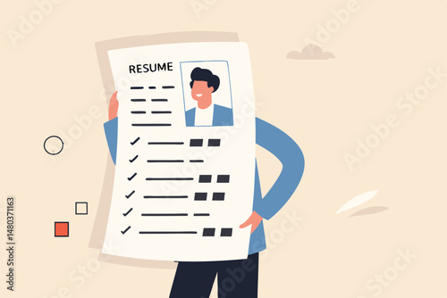 Stand out resume or CV, creativity way to present business profile to apply for new job concept, young smart businessman holding his resume or CV printed paper present his working profile for hiring.