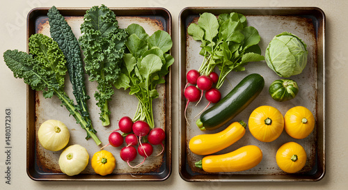 Assortment Of Freshly Harvested Vegetables On Rustic Metal Trays From Local Farm