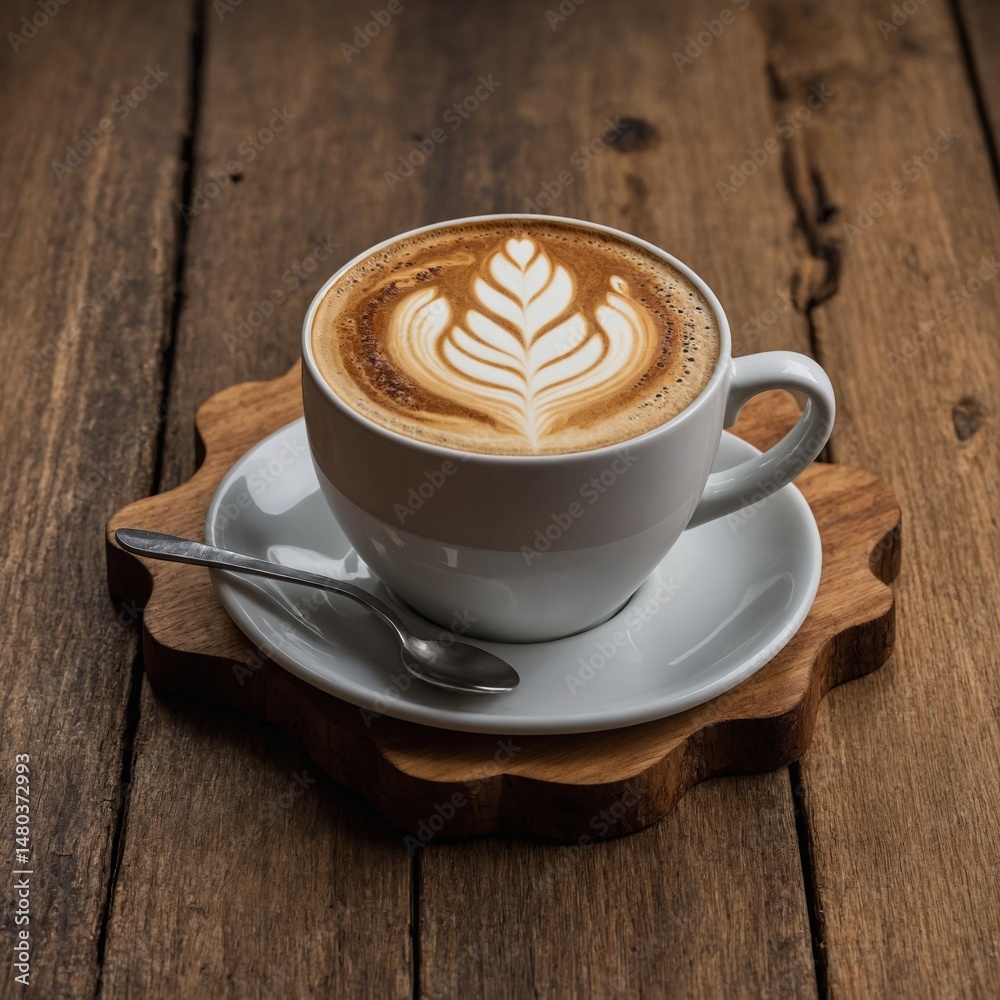 Obraz premium A coffee cup with latte art, placed on a wooden coaster, isolated on transparent background.