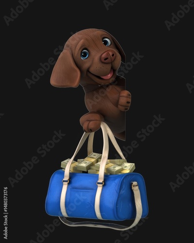 Fun 3D cartoon dog with a bag of money