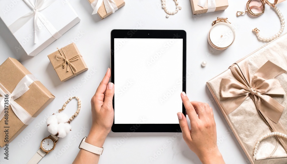Obraz premium Hand swipes through digital product catalog on tablet over a modern desk setup. E-commerce, digital browsing, and shopping concept captured with clean studio lighting and sharp focus.