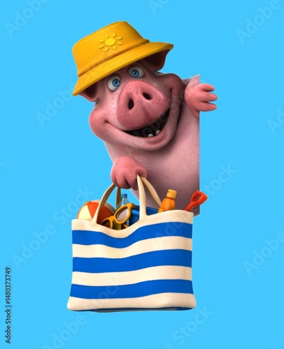 Fun 3D cartoon pig with a beach bag