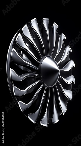 Jet engine turbine close-up, black background