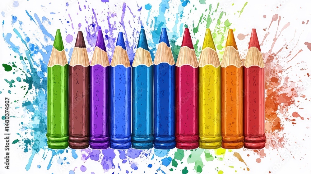 Fototapeta premium Colorful pencils in a row against a backdrop of colorful paint splatters