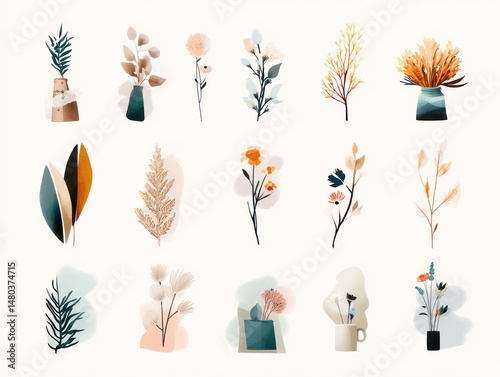 sticker design set, minimalist wild flowers in trendy color palette