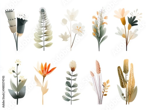 sticker design set, minimalist wild flowers in trendy color palette