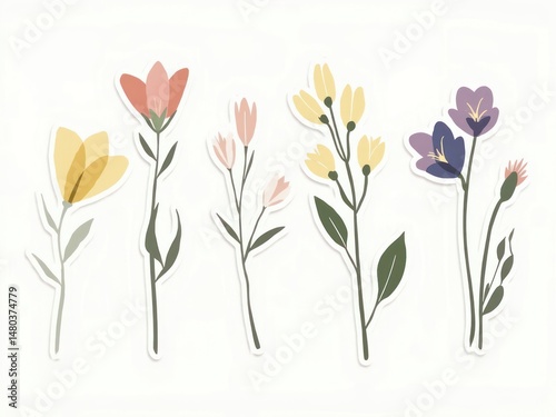 sticker design set, minimalist wild flowers in trendy color palette
