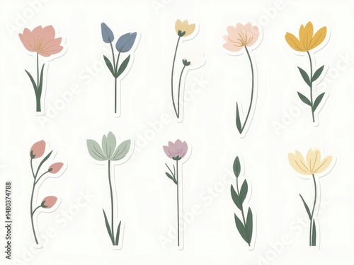 sticker design set, minimalist wild flowers in trendy color palette