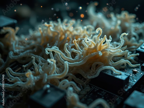 ultra close-up view of a claster of organic mycellium formation taking place on a old cirquit board