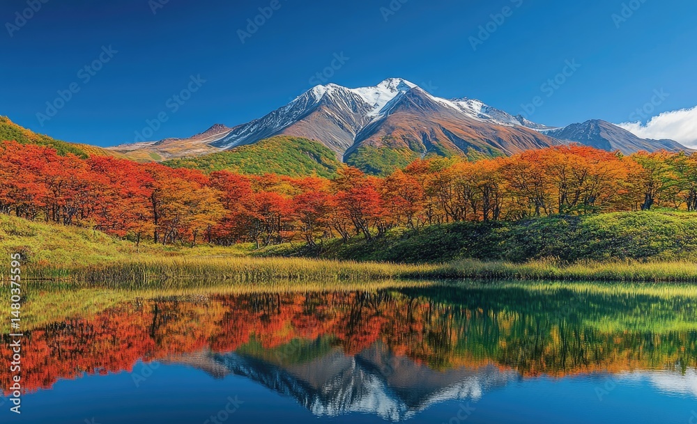 Fototapeta premium Autumnal mountain lake with vibrant fall colors reflected in still water