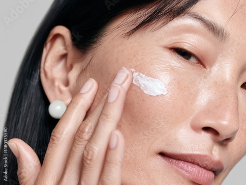 an Asian woman applying cream to her face, featuring delicate skin texture