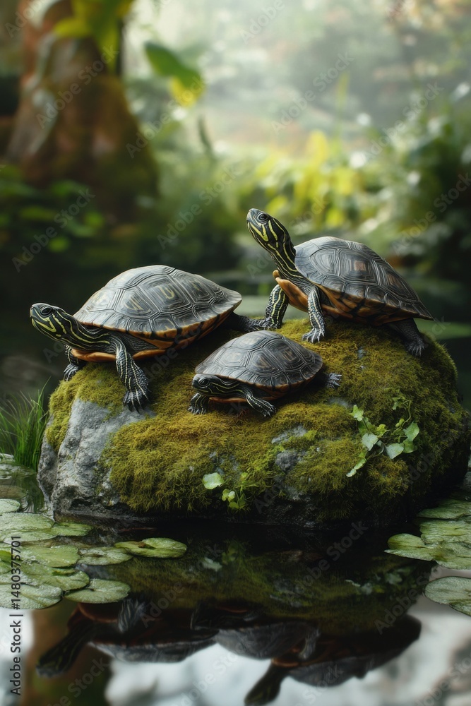 Obraz premium Three turtles basking on a moss-covered rock by a tranquil pond, surrounded by lush greenery.