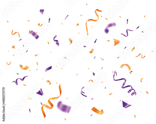 Purple and orange confetti, ribbon banner, celebration festive decorations background