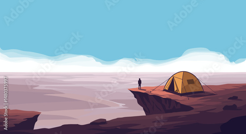 A man stands near a tent on a rock, admiring the view at sunset, suitable for travel agencies, psychologists