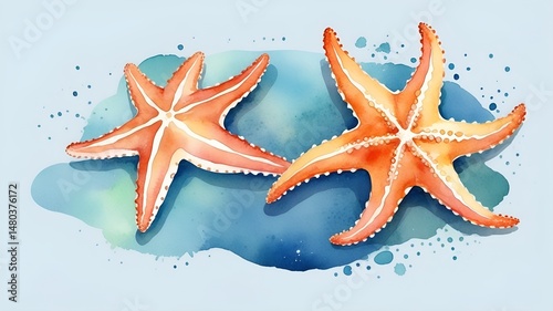 Watercolor of a starfish on a white background. A vibrant watercolor pattern featuring colorful starfish and seashells, perfect for beach-themed designs and decor.