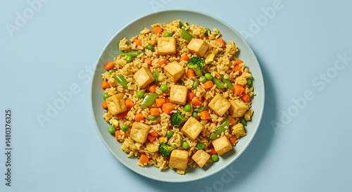 Delicious Tofu Fried Rice Bowl Presentation With Freshly Prepared Vegetables