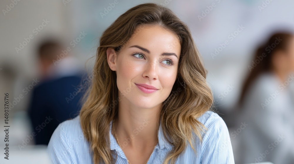 Fototapeta premium Woman Looking Away in Office Setting with Smiling Expression
