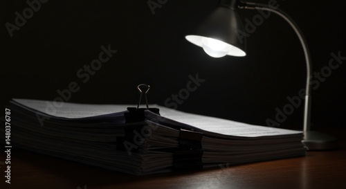 Stack of Papers with Desk Lamp - Photo