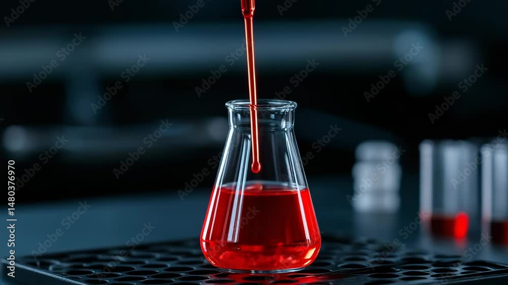 Red Liquid in Lab Flask: A detailed shot unveils a lab flask filled with a vibrant red liquid. A dropper releases a small amount of the liquid into the flask.
