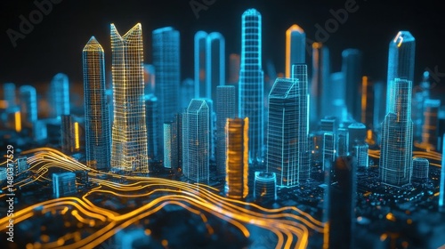 Digital city skyline with glowing lines representing data flow and connectivity. Futuristic urban landscape with blue and gold illuminated buildings on a dark background.