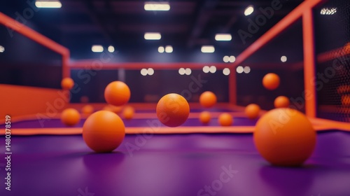 A dynamic view of orange dodgeballs floating in a vibrant indoor trampoline park setting.