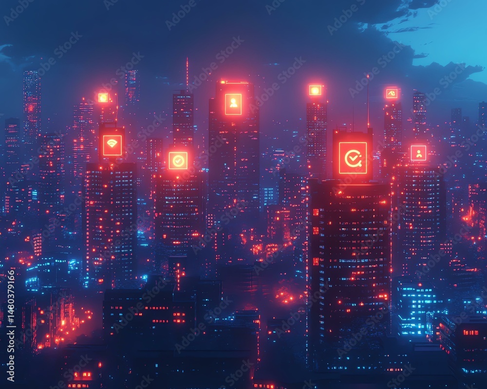 Fototapeta premium Futuristic city skyline at night, illuminated by vibrant neon lights and digital icons representing technology.