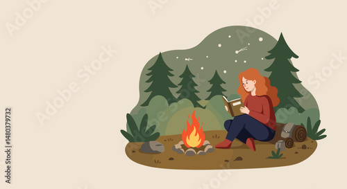 Young woman reading a book by the campfire in a forest setting ,copy space for text