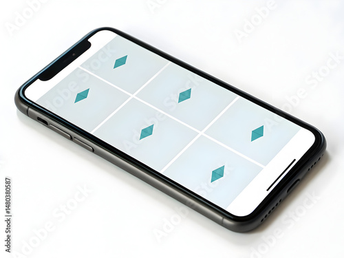 mobile app development A smartphone displaying a grid of teal diamond shapes on a white background.