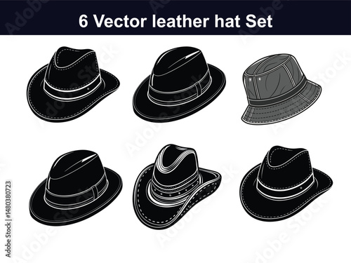 leather  hats vector set, black leather fashion hat set, Elegant, Ultra-realistic black leather hat, cowboy hat set.