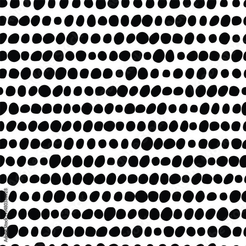 Black and white polka dots pattern. Small vector circles in a row. Horizontal stripes with round shapes.