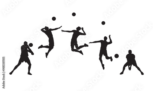 Volleyball, group of isolated vector silhouettes of volleyball players, team sports