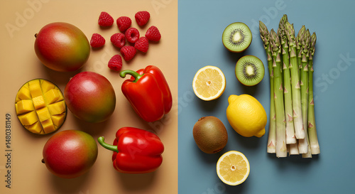 Vibrant Fresh Produce Displayed on Contrasting Toned Backgrounds For Creative Projects