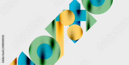Abstract geometric shapes overlap, creating colorful text effect. Modern design utilizes gradients, shadows. Minimalist composition.