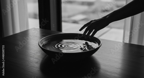 Hand Touching Water, Monochrome Photo